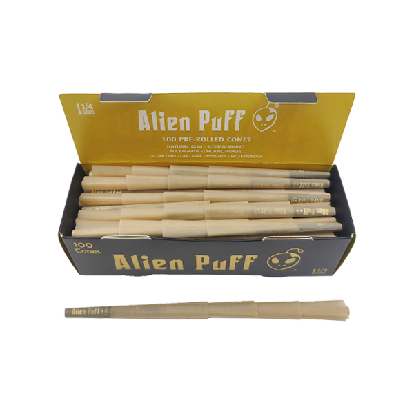 100 Alien Puff Black & Gold 1 1/4 Size Pre-Rolled Cones - Lazy Frog Shop