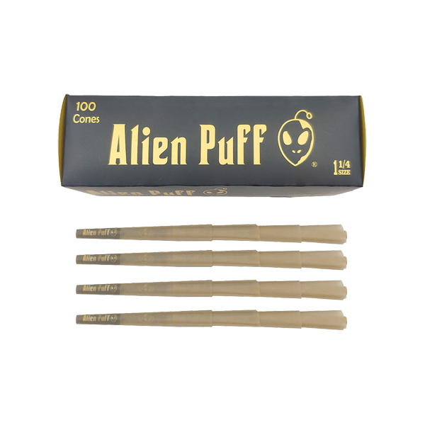 100 Alien Puff Black & Gold 1 1/4 Size Pre-Rolled Cones - Lazy Frog Shop